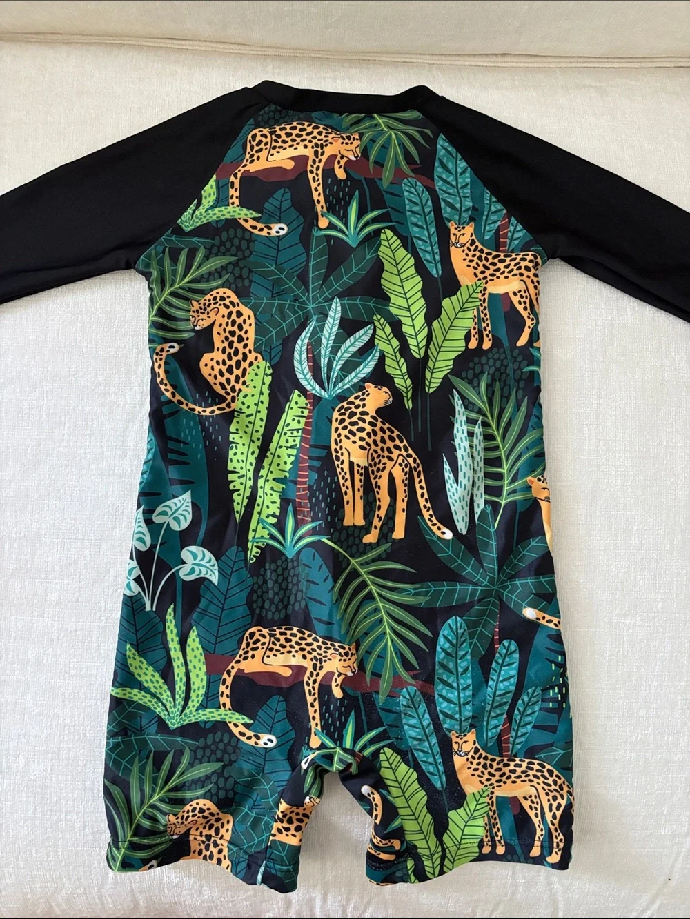 SHEIN Black Rashguard Swimsuit with Green Jungle & Gold Leopard Print